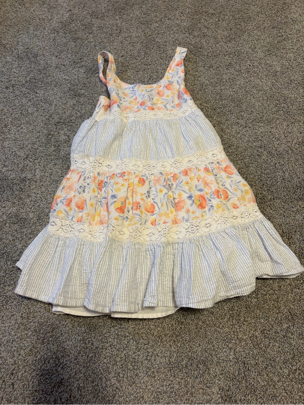 Tommy Bahama Peach Floral & Light Blue Striped Tiered Dress